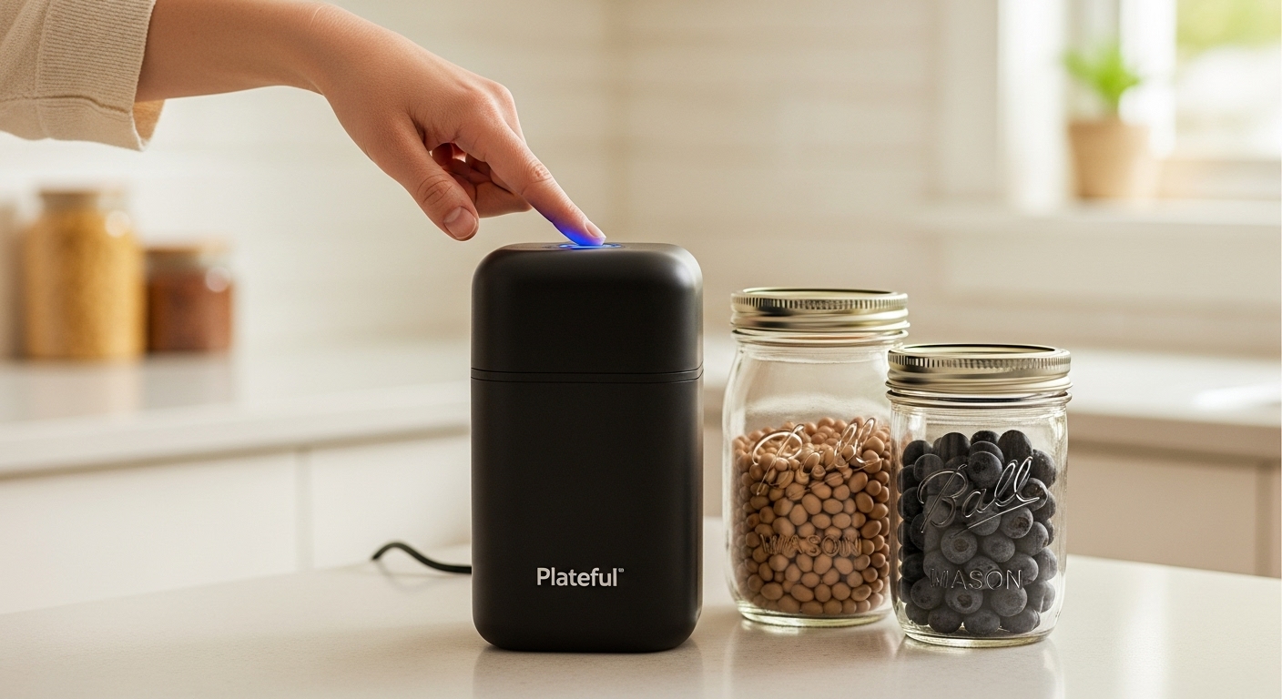 Kit de Sellador al Vacío para Tarros de Cristal Eléctricos Plateful preservando frijoles secos y arándanos en tarros de cristal en un mostrador de cocina