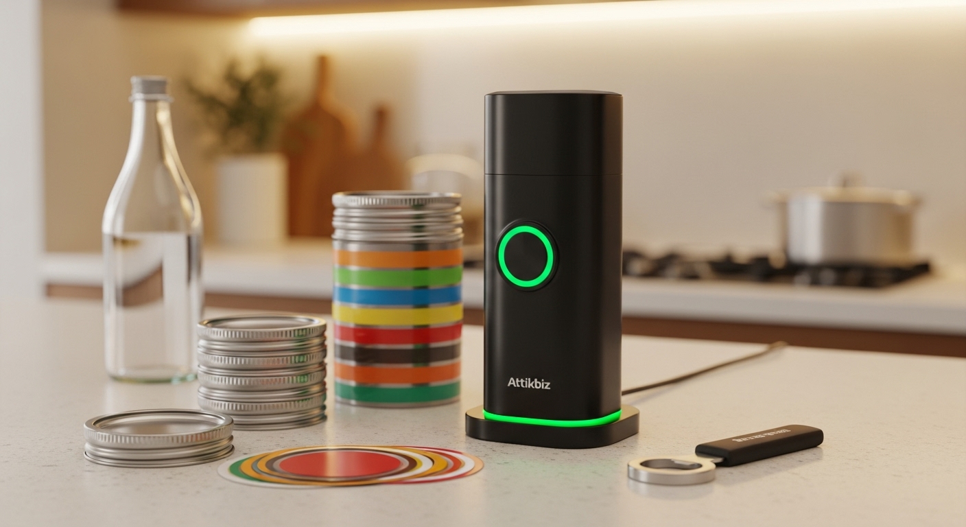 Sellador al Vacío para Tarros de Cristal Eléctricos Attikbiz con luz verde, mostrado con varias tapas y accesorios en una superficie limpia