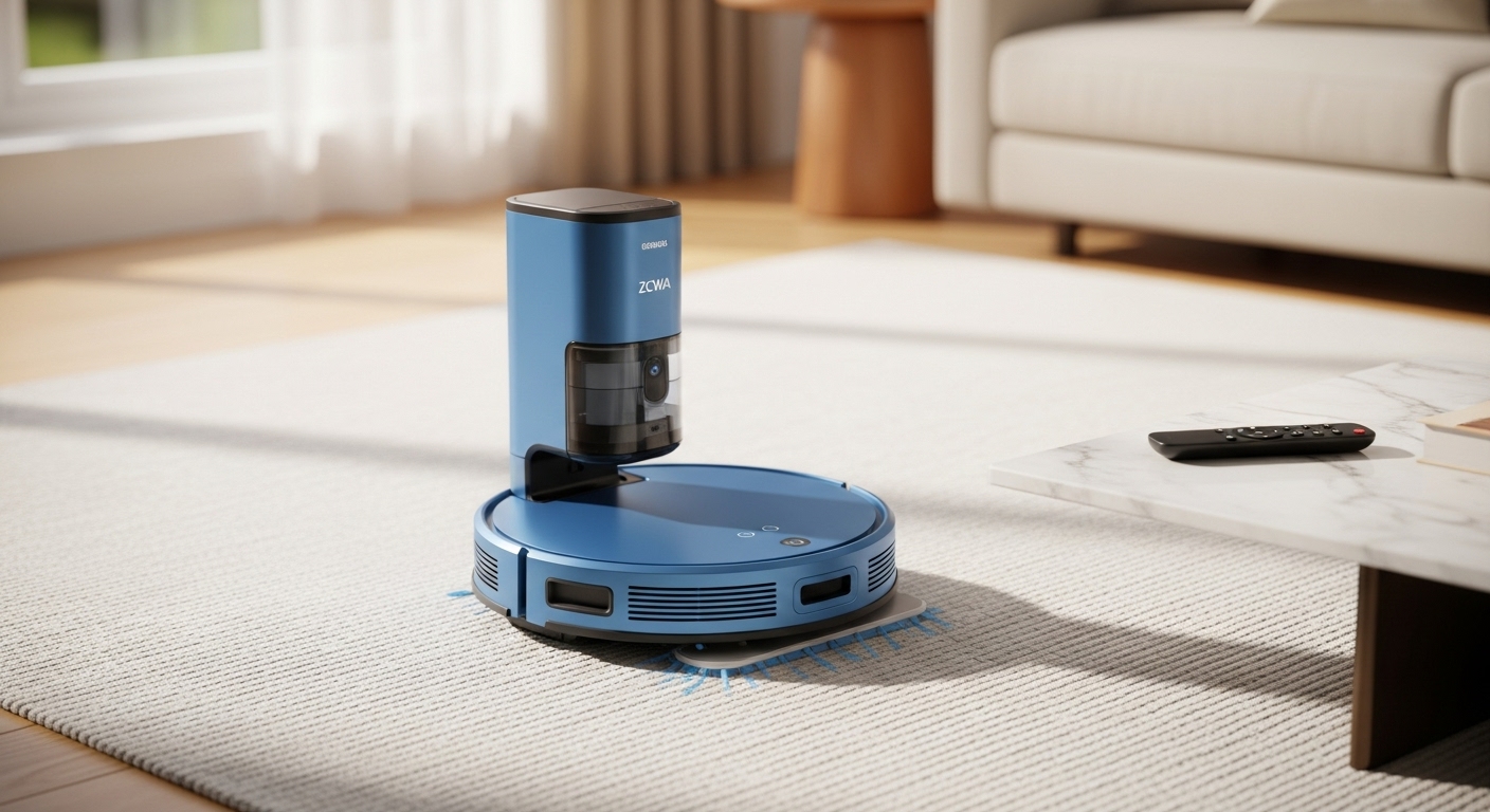 ZCWA Robot Aspirador y Fregona Combo limpiando una alfombra en un salón moderno