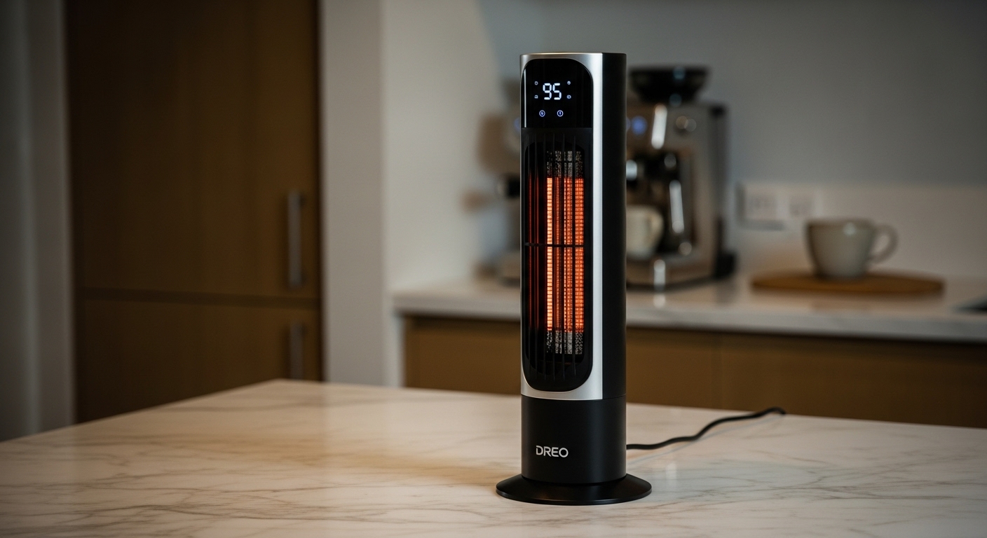 DREO Space Heater 1500W portable electric heater with 70° oscillation in a modern bedroom setting