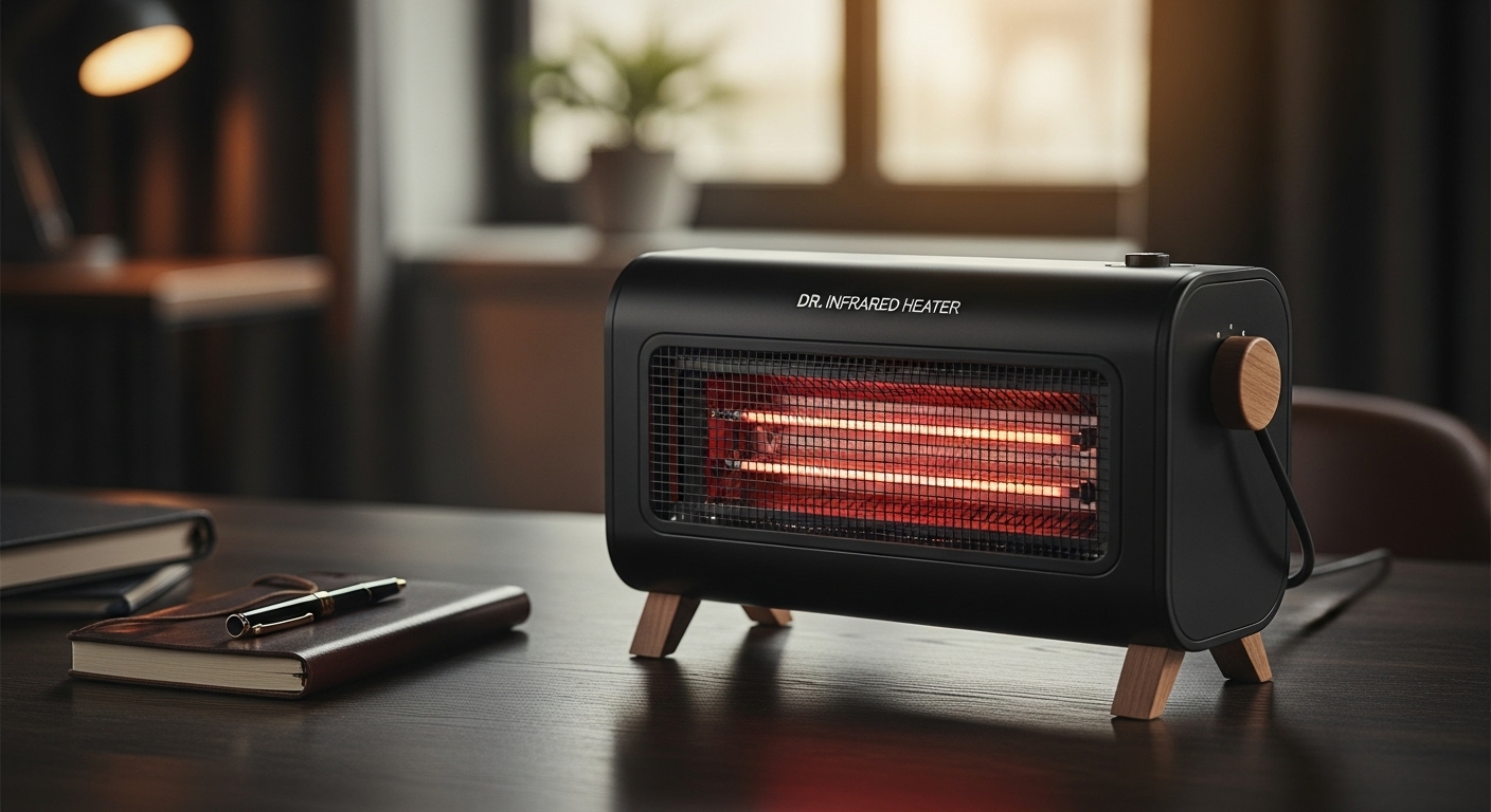 DR Infrared Heater DR-978 new upgraded dual heating hybrid portable infrared space heater with wooden feet in a warm home office