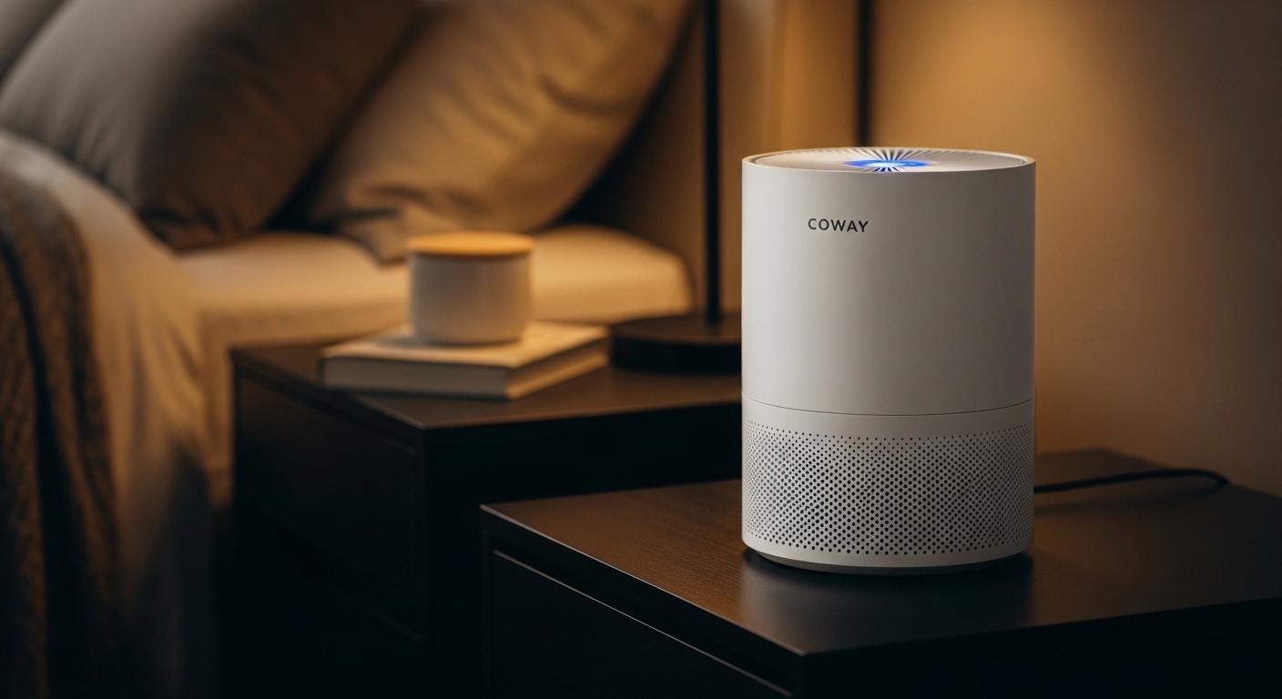 Purificador de aire COWAY Airmega 100 con luz nocturna brillando en un dormitorio