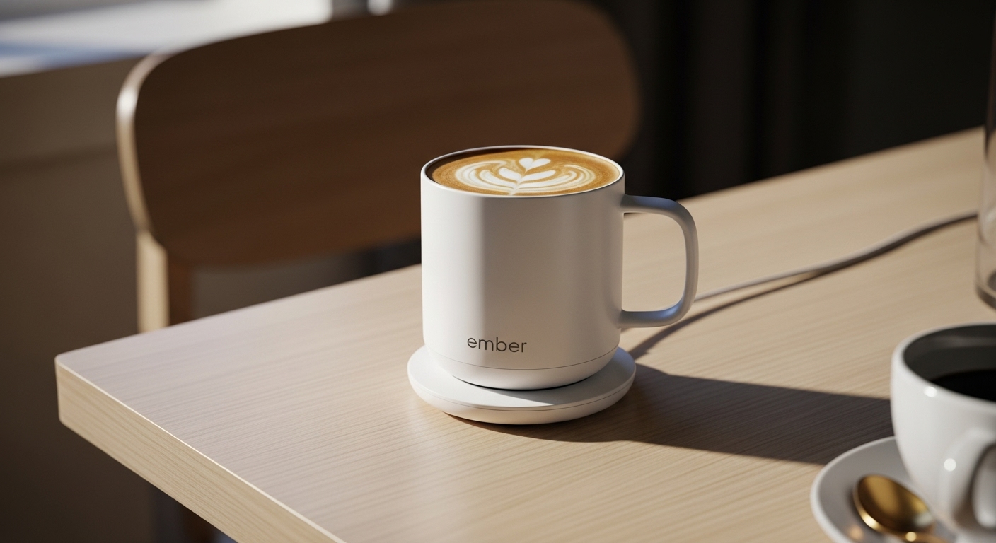Ember Temperaturkontroll-Smart-Mug 2 in Weiß mit Ladeuntersetzer und Latte Art