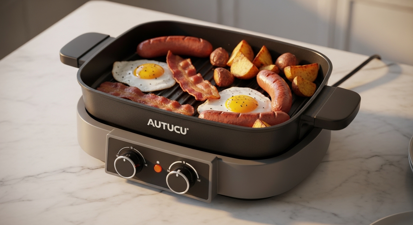 AUTUCU 6-Quart Electric Skillet with Grill preparing a hearty breakfast of eggs, bacon, sausage, and potatoes.