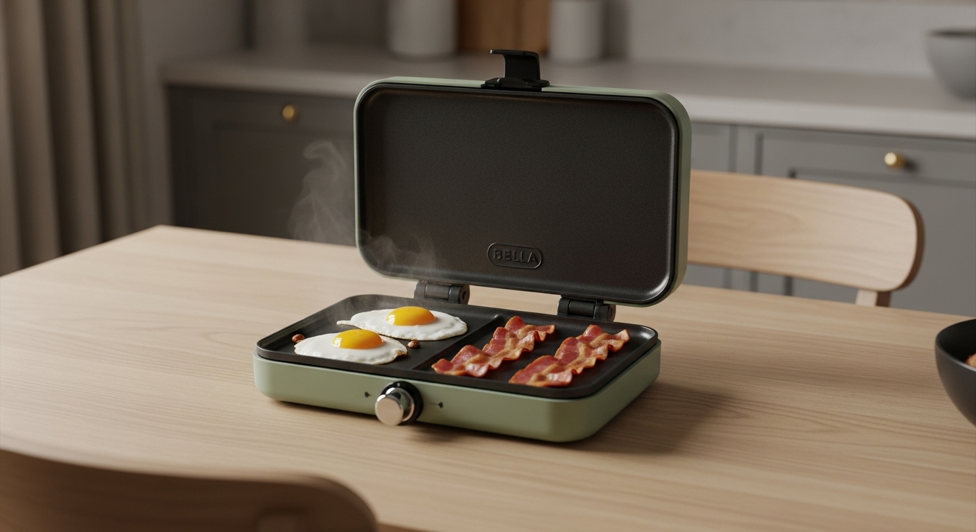 Bella Fold-n-Store Dual Temp Griddle in seagrass green cooking eggs and bacon simultaneously.