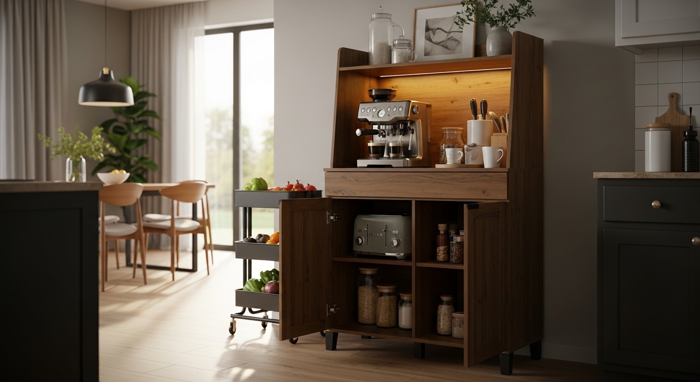 Itaar 71 inch pantry cabinet with charging station, LED light, and rolling cart in a modern kitchen setting