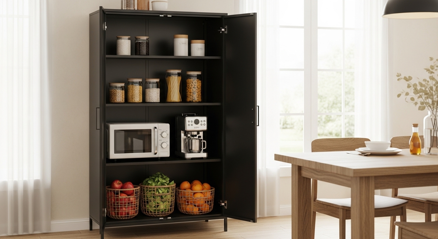GAIOUS 75.2 inch tall black metal storage cabinet with adjustable shelves, organized with kitchen items in a bright dining room