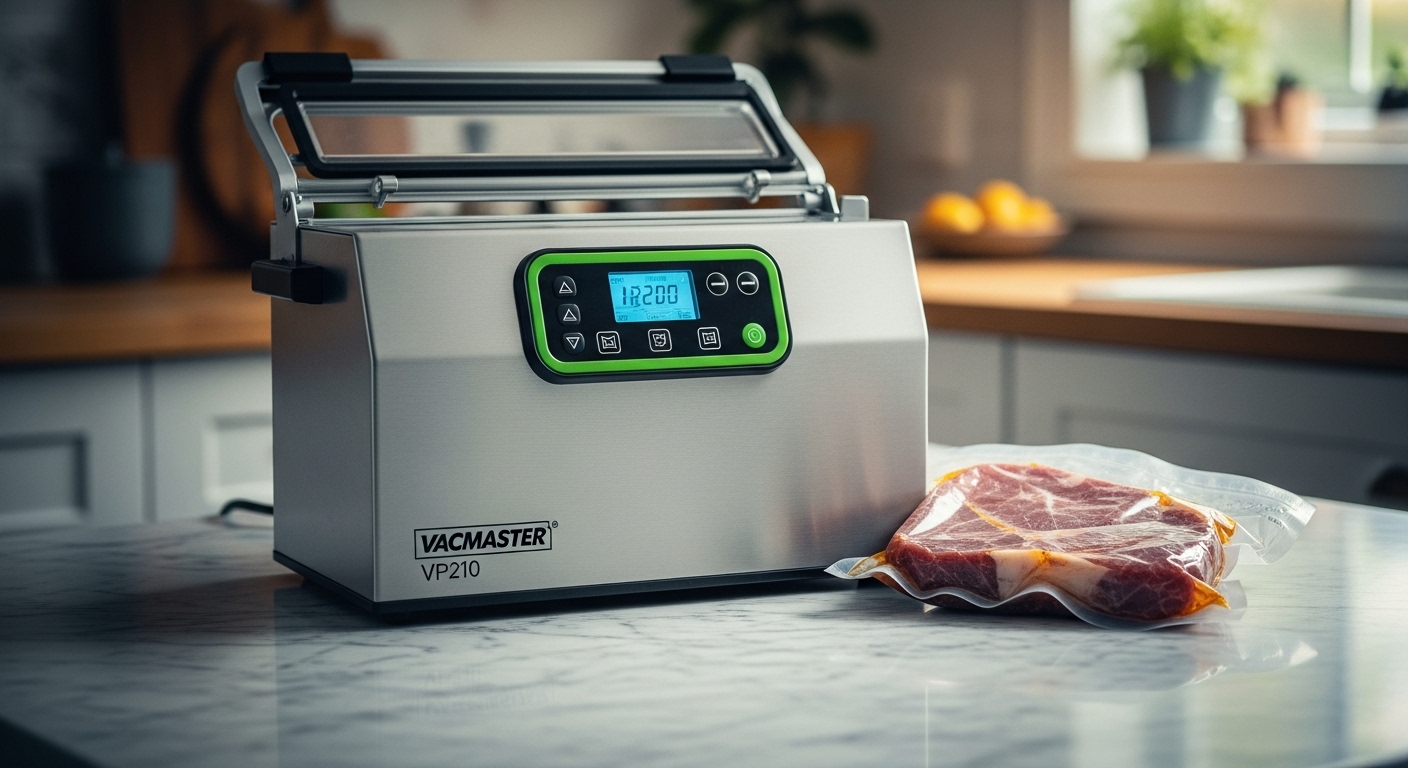 VacMaster VP210 Maintenance-Free Chamber Vacuum Sealer, compact stainless steel unit with green and black control panel