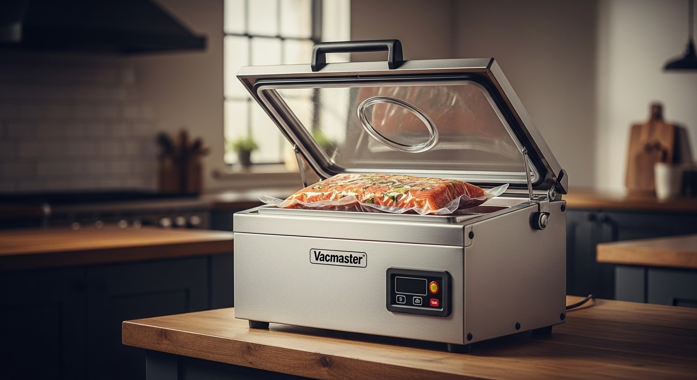 Vacmaster VP320 Commercial Countertop Chamber Vacuum Sealer Machine, robust stainless steel with clear lid open, sealing salmon