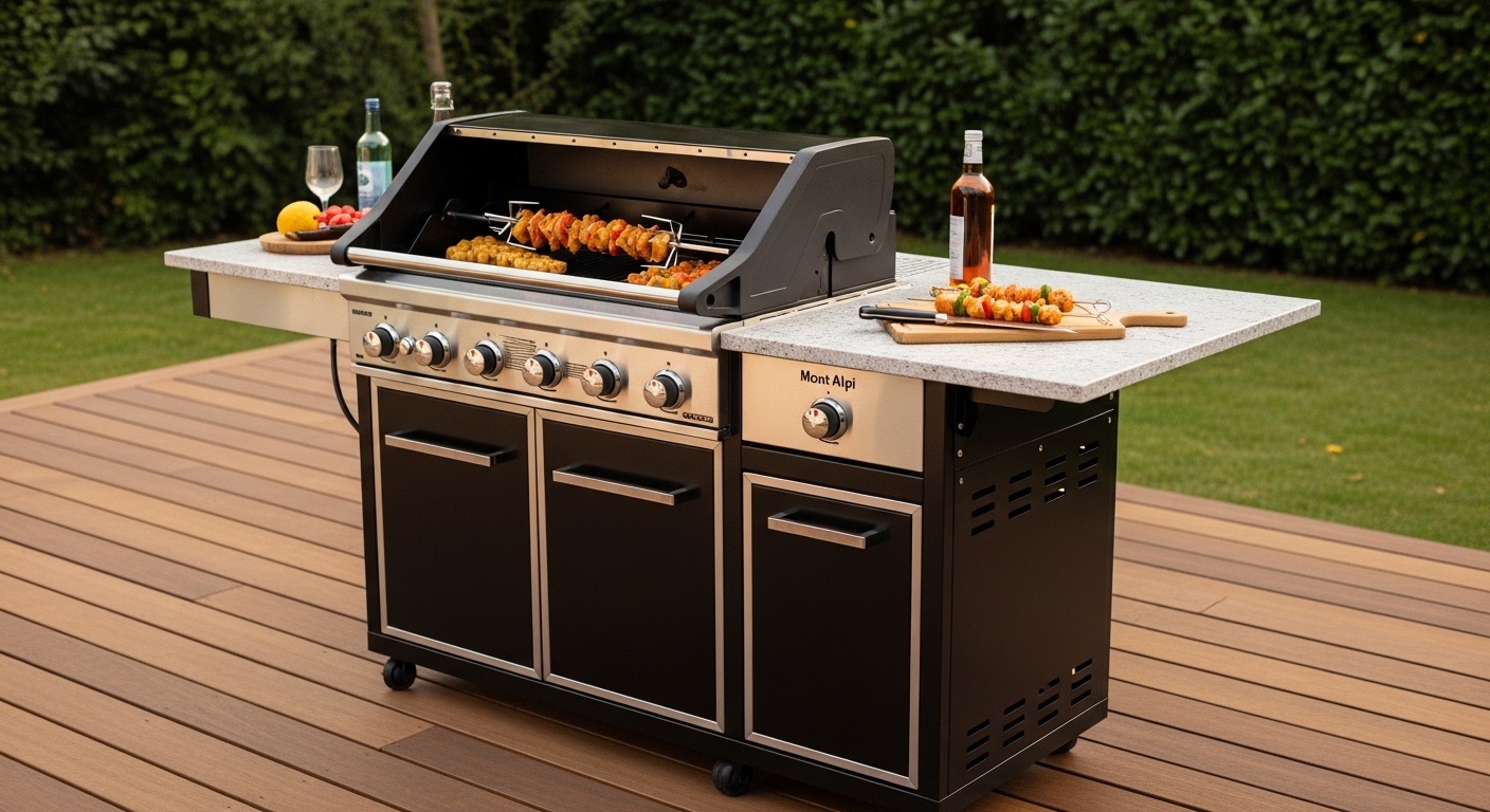 Mont Alpi MA-957 black stainless steel outdoor kitchen with 5-burner grill and rotisserie