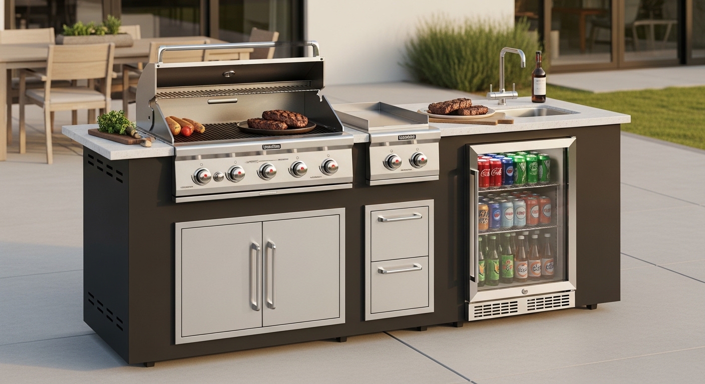 KoolMore Reserve stainless steel outdoor kitchen with 6-burner grill, side burner, sink, and beverage refrigerator