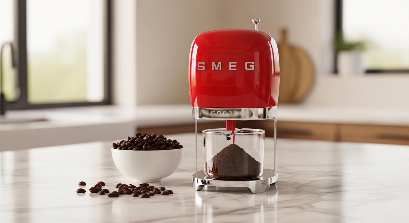 Moulin à café rouge Smeg style rétro des années 50 à côté de grains de café entiers