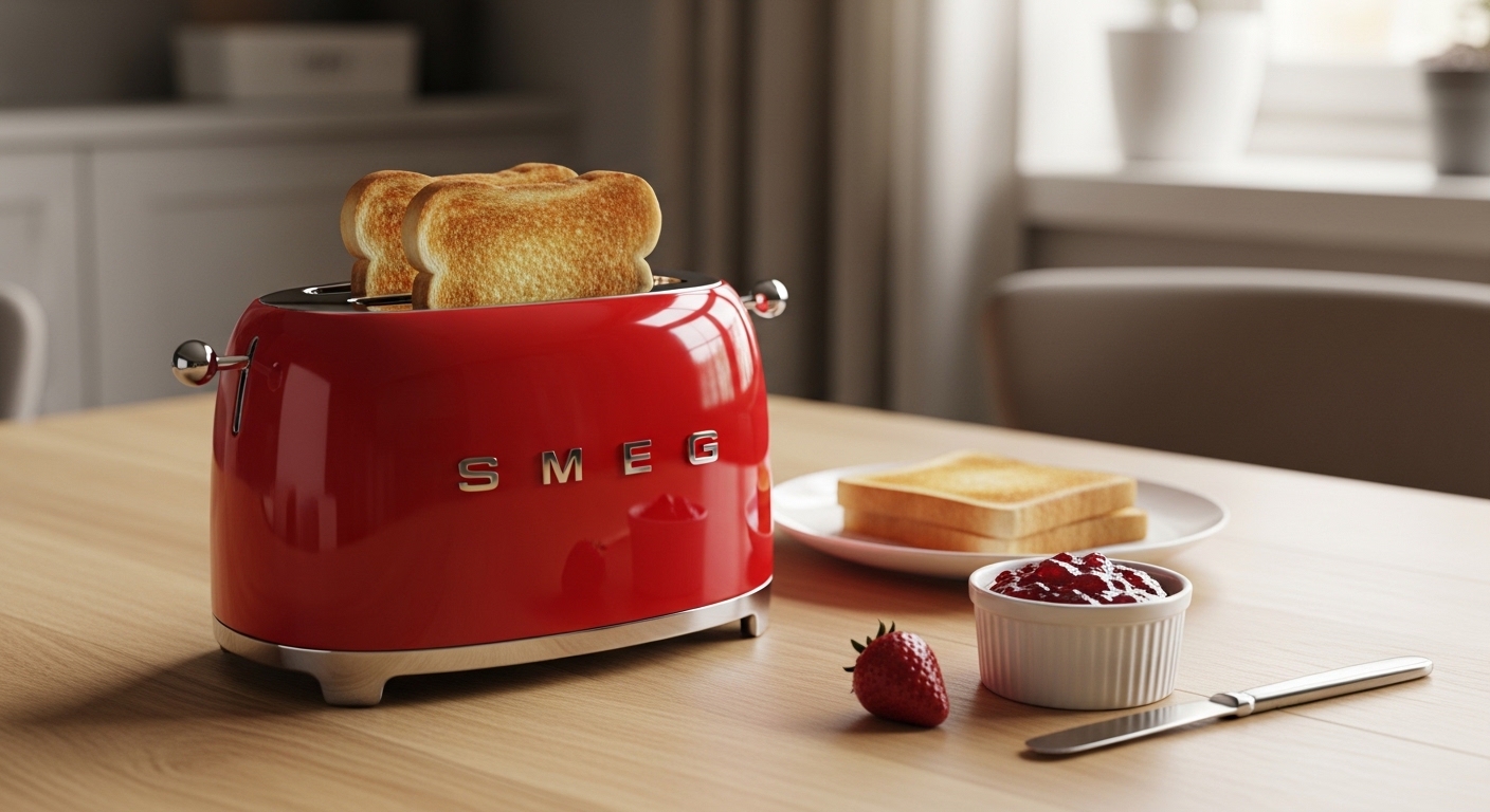 Grille-pain rouge SMEG 2 tranches avec toast sur une table de petit-déjeuner