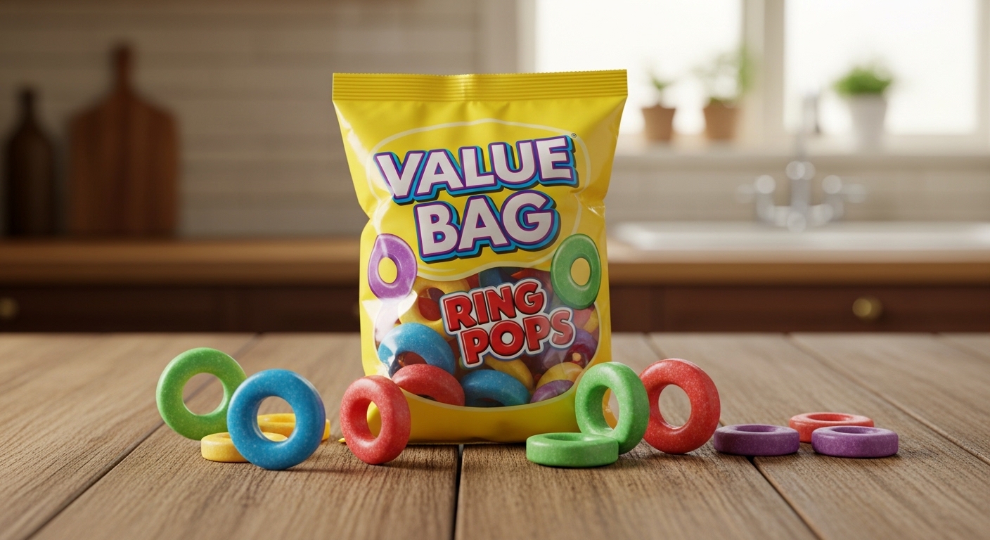 Ring Pop Candy Value Bag with assorted fruity lollipops, perfect for parties