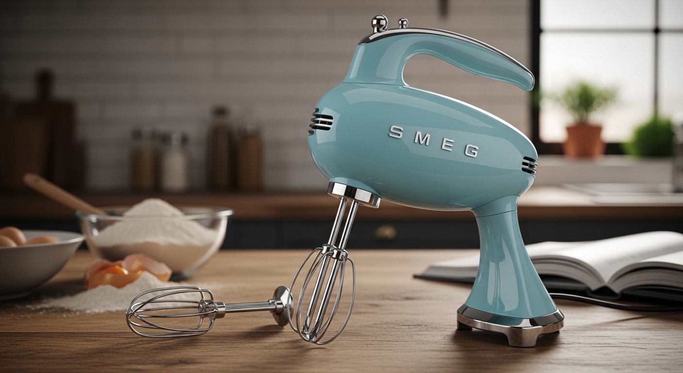 SMEG Pastel Blue 50's Retro Style Electric Hand Mixer with whisks in a modern kitchen