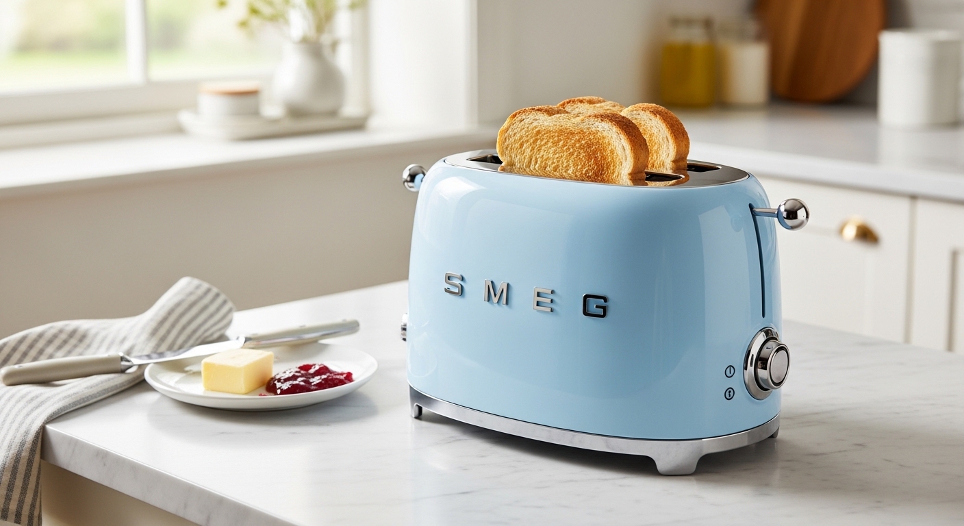 SMEG 2 Slice Toaster in Pastel Blue on a kitchen counter with toast slices