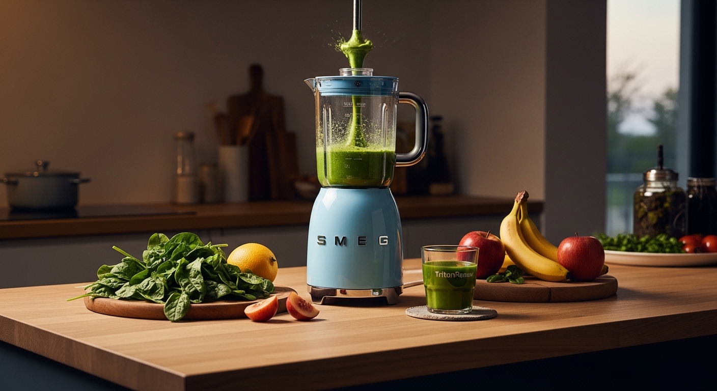 SMEG BLF03 Retro Style Blender in Pastel Blue making a smoothie in a contemporary kitchen