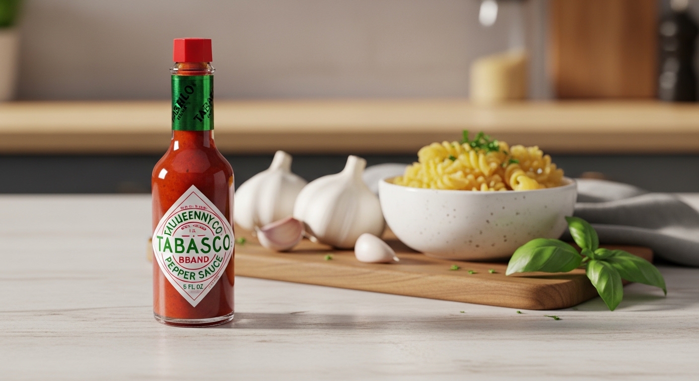 Tabasco Cayenne Garlic Pepper Sauce bottle next to a bowl of pasta with garlic cloves and herbs on a marble surface.