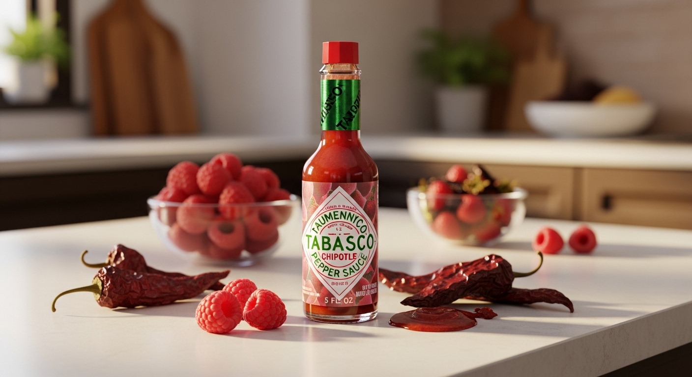 Tabasco Raspberry Chipotle Pepper Sauce bottle with fresh raspberries and chipotle peppers in a modern kitchen setting.