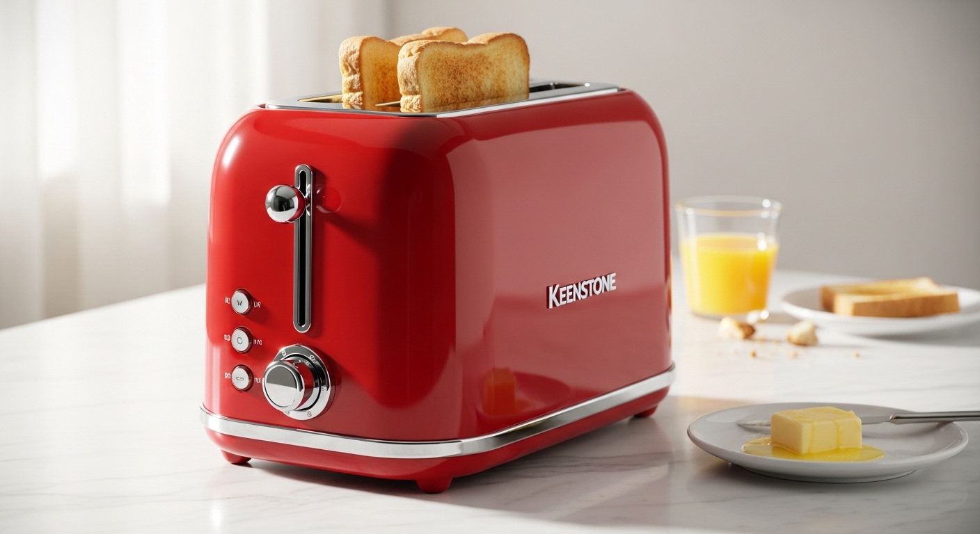 Retro red Keenstone 2 slice toaster on a white kitchen counter