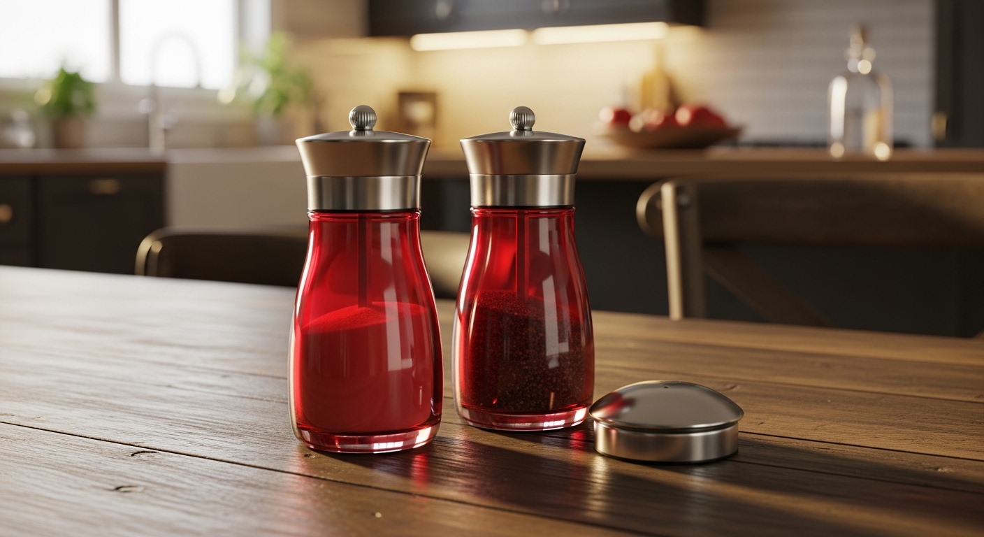 Red glass salt and pepper shakers with vintage handles on a wooden table