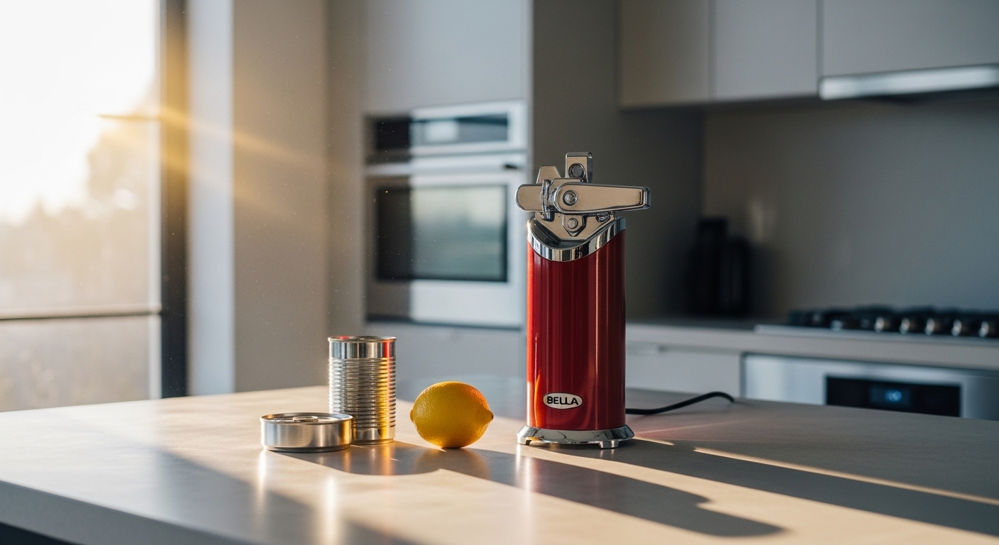 Bella electric can opener in vibrant red on a modern kitchen island
