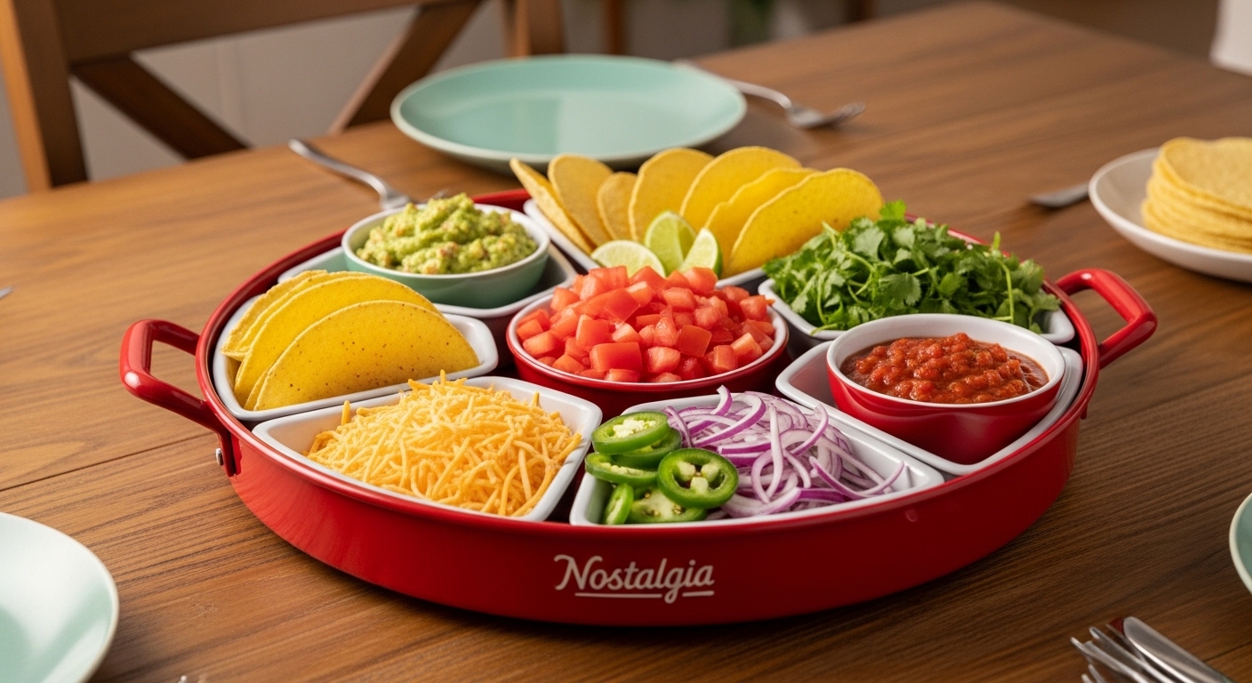 Nostalgia Taco Tuesday Heated Lazy Susan Taco Bar with toppings and shells