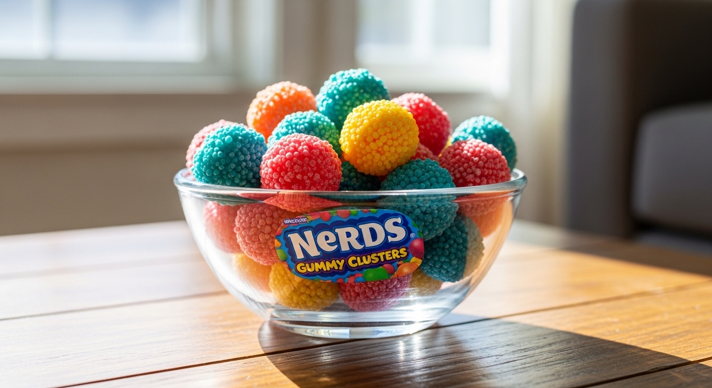 NERDS Gummy Clusters in a decorative glass bowl on a sunny table