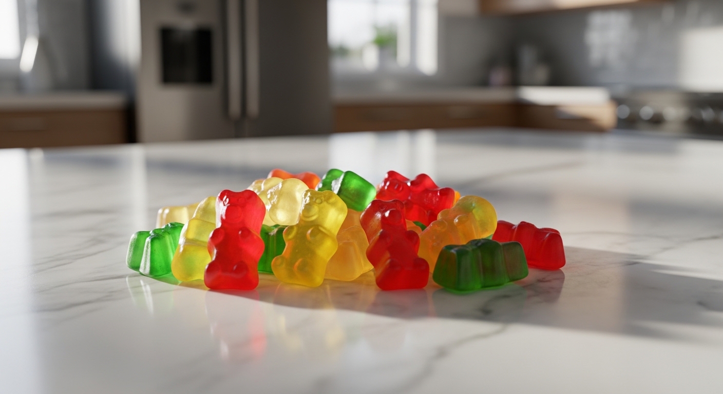 Handful of HARIBO Goldbears on a clean white kitchen counter