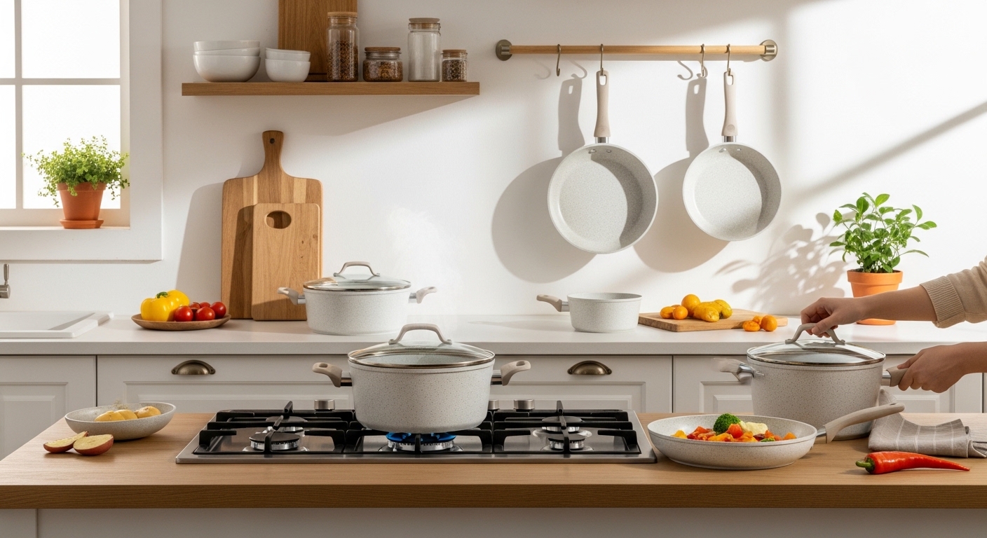 Carote White Granite Induktionskochgeschirr-Set in einer hellen minimalistischen Küche