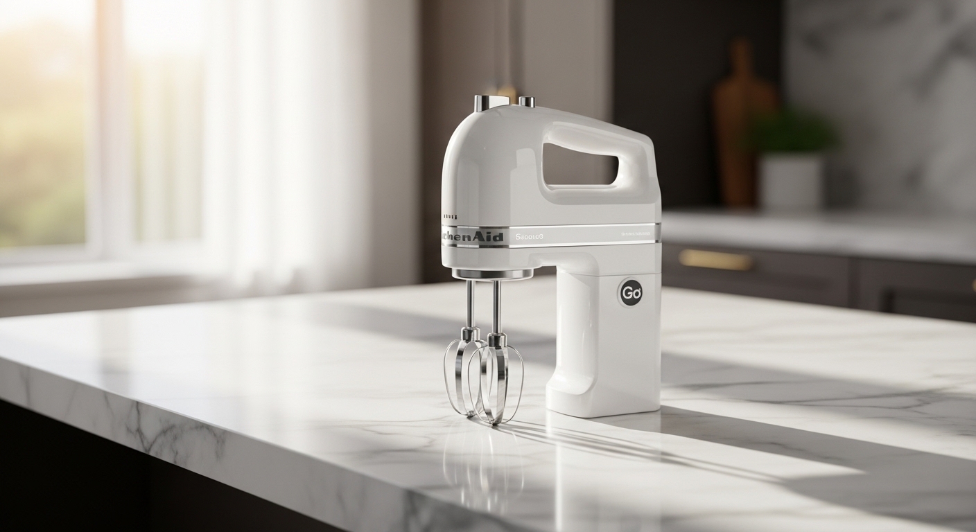 KitchenAid Go Cordless Hand Mixer in Porcelain White on marble counter
