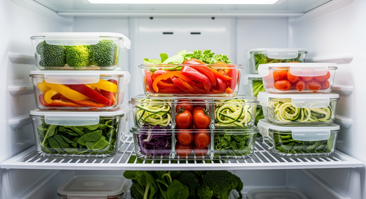 JoyJolt borosilicate glass meal prep containers stacked in a fridge