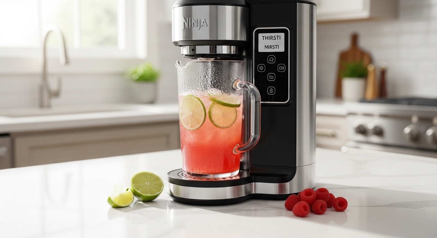 Ninja Thirsti Drink System on a modern kitchen counter with flavor drops