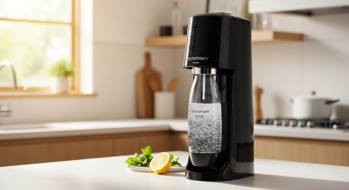SodaStream Terra black sparkling water maker with reusable bottle