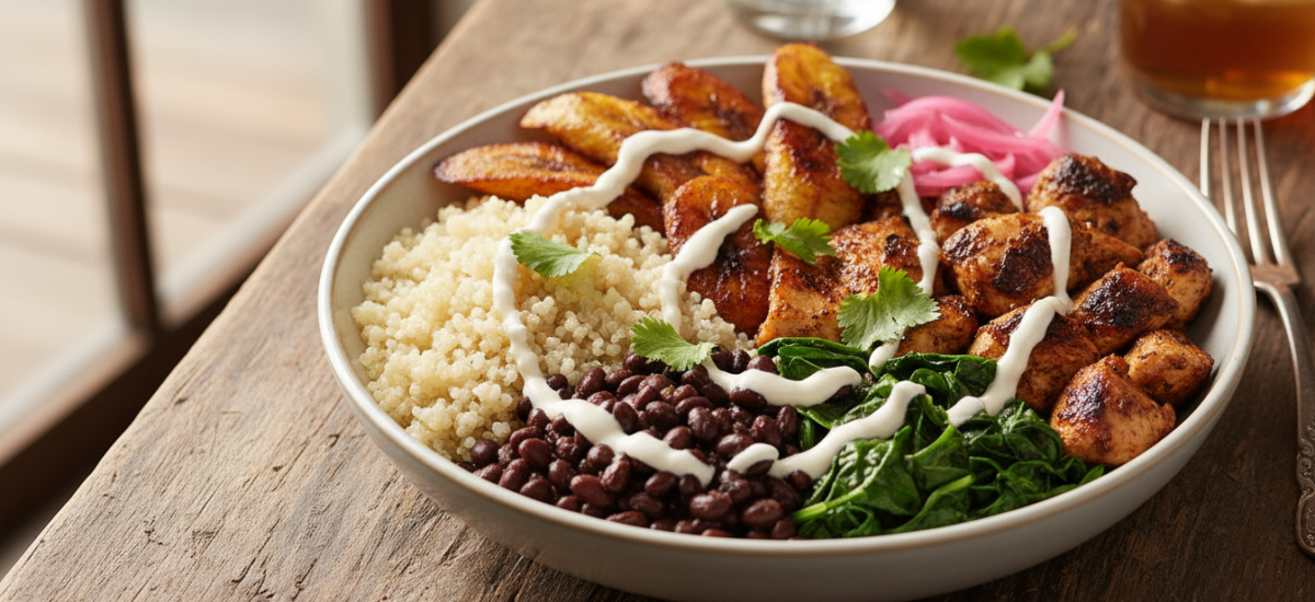 Mojo-Marinated Chicken Quinoa Bowl with Plantains
