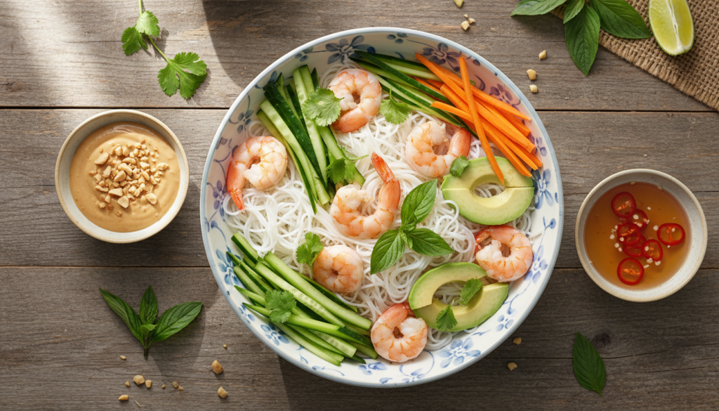 Fresh Spring Roll Bowl with Shrimp and Peanut Sauce