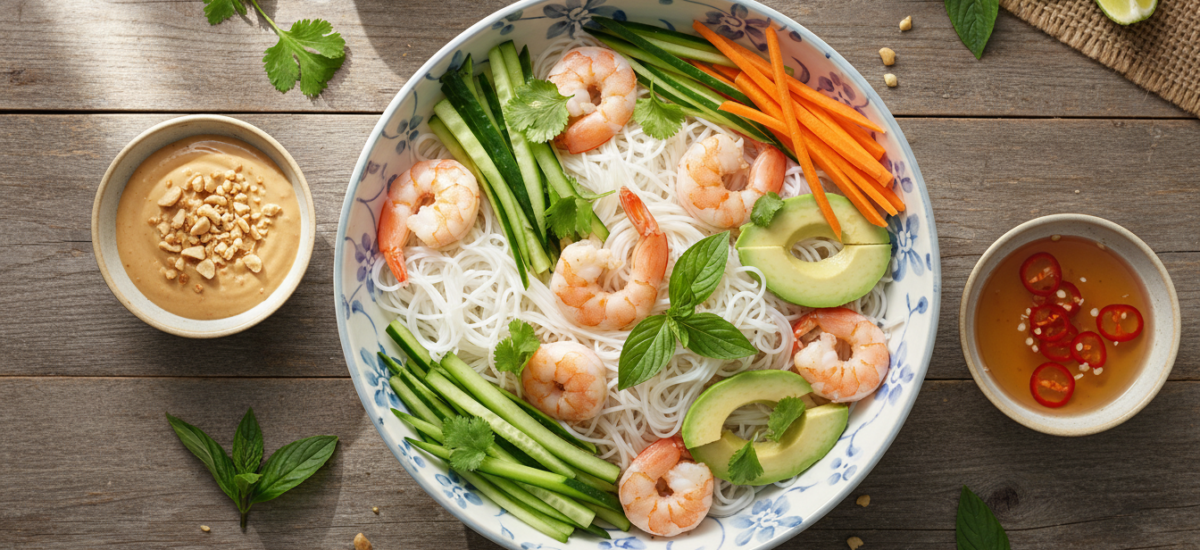 Fresh Spring Roll Bowl with Shrimp and Peanut Sauce