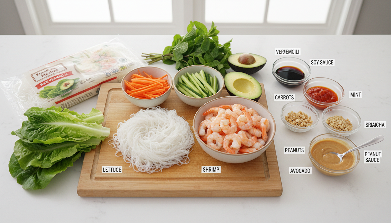 Ingredients for Spring Roll Bowl displayed on a counter