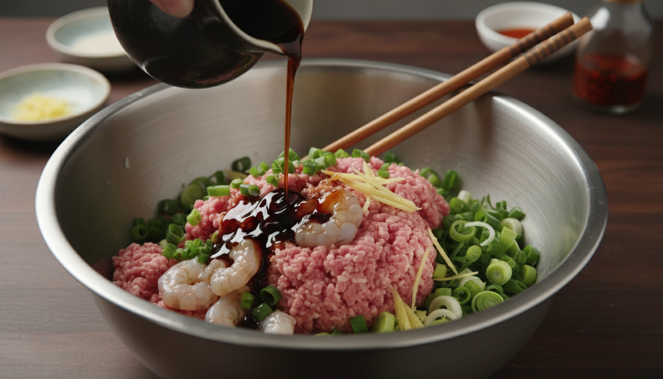 Mixing ground pork and shrimp filling ingredients in a bowl
