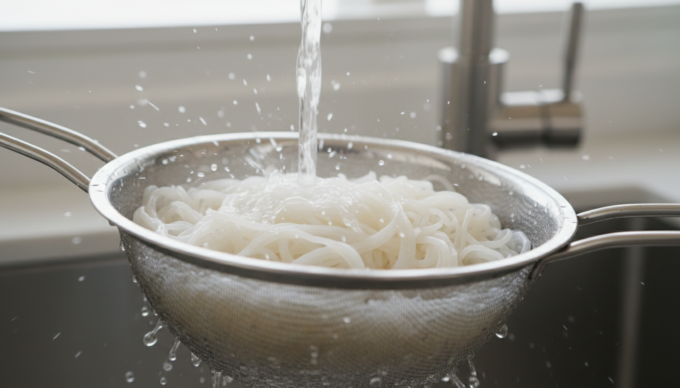 Rinsing cooked vermicelli noodles under cold water