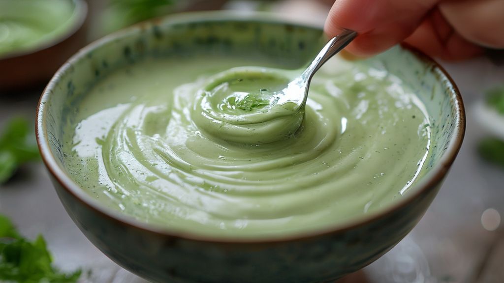 Stirring yogurt into mint mixture