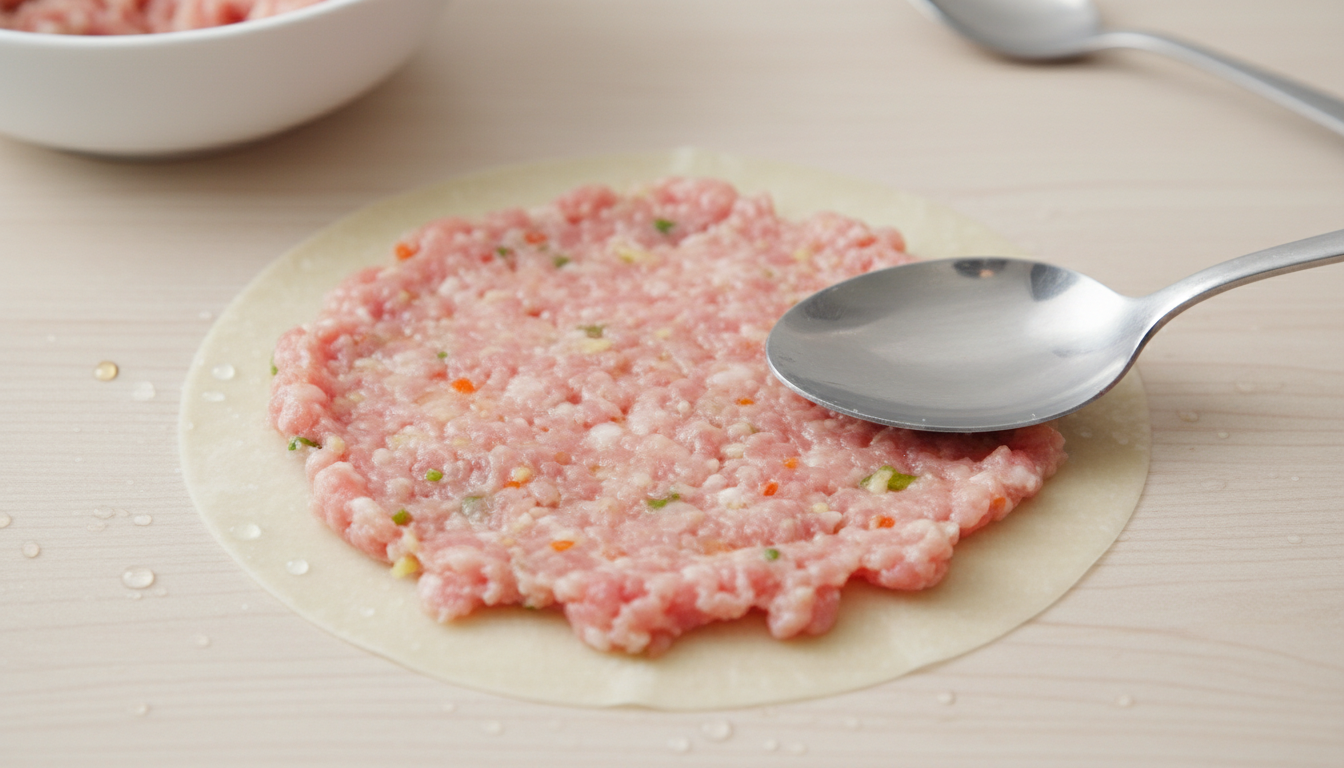 Smearing pork filling onto a wonton wrapper