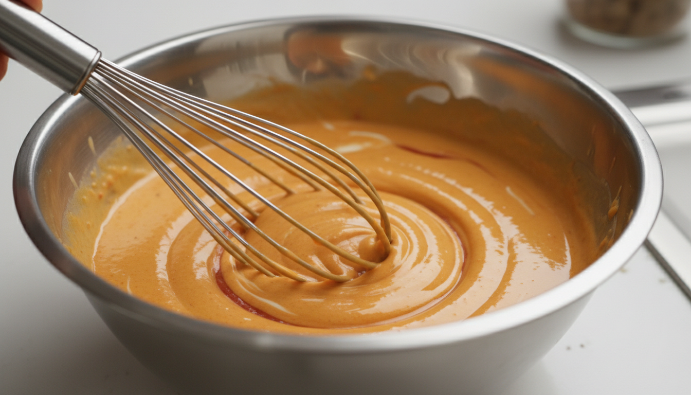 Fouetter les ingrédients de la sauce jusqu'à ce qu'ils soient lisses