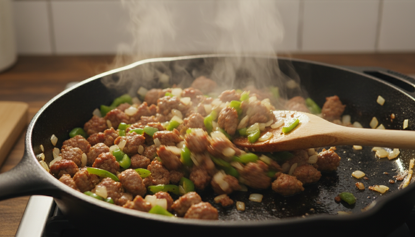 Cooking sausage and vegetables in a skillet