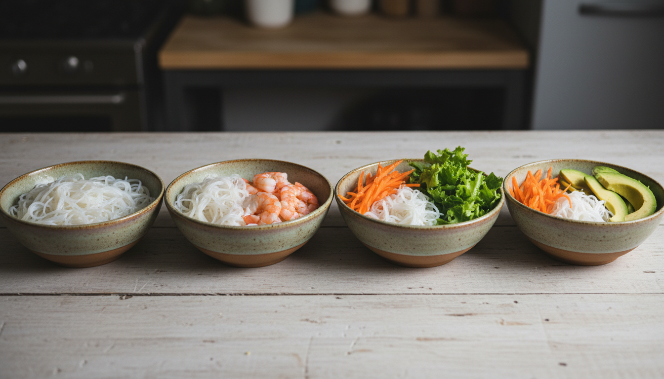 Assembling the Spring Roll Bowls with shrimp and vegetables