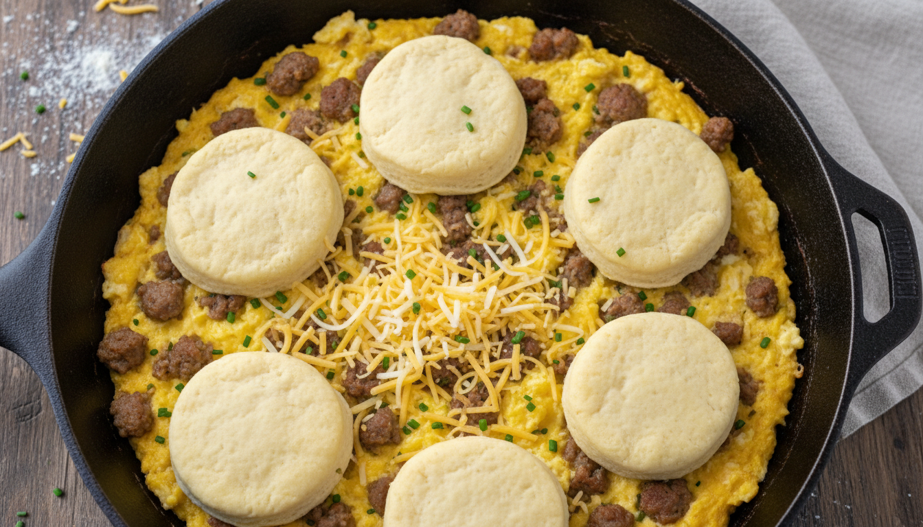 Assembling the casserole with biscuits and cheese