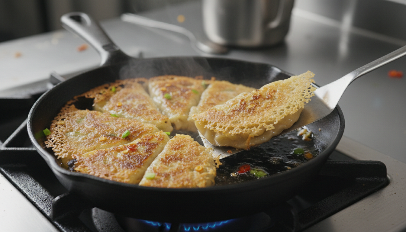 Smashed dumplings frying in a pan