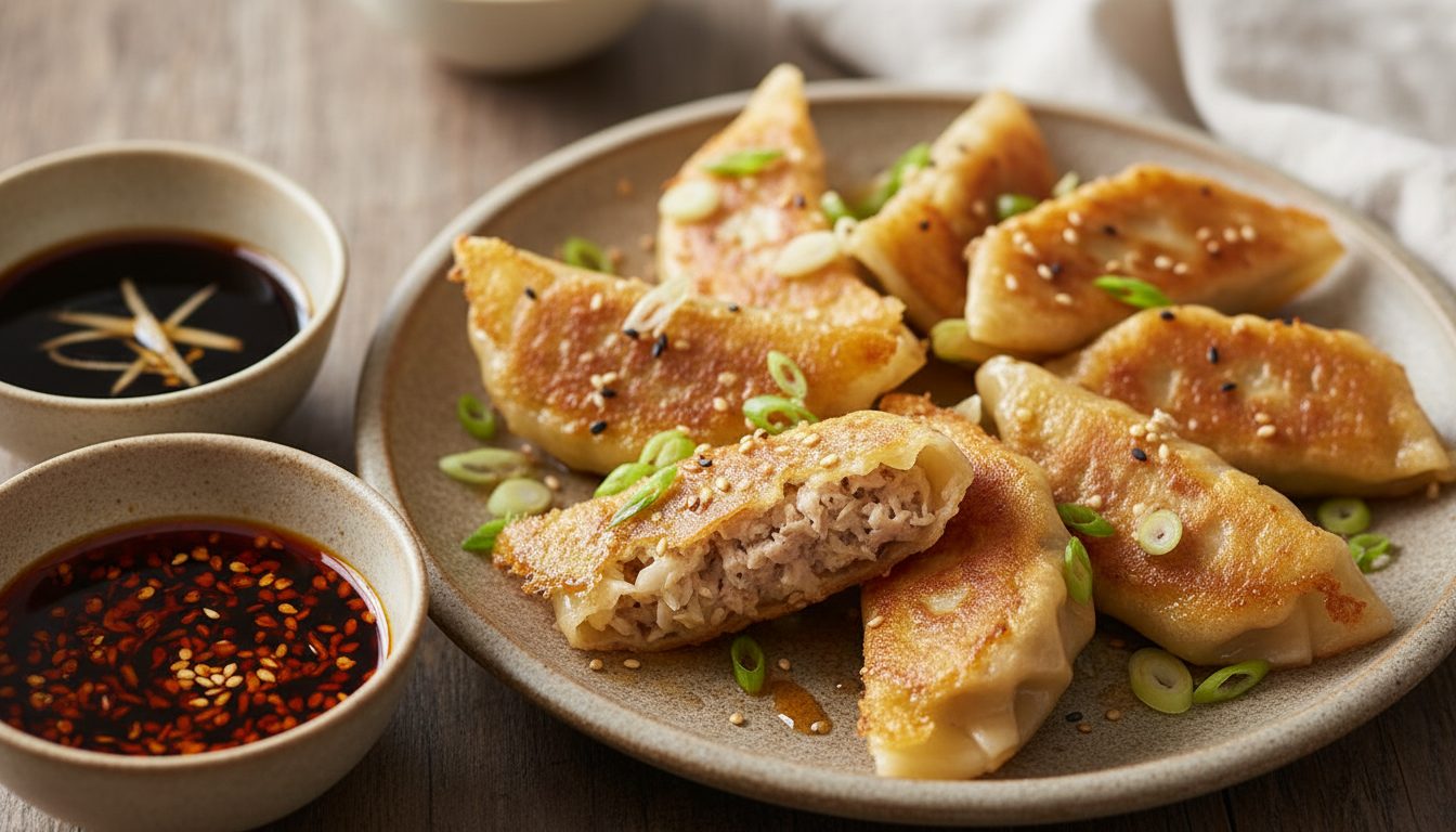 Served smashed gyozas with dipping sauces