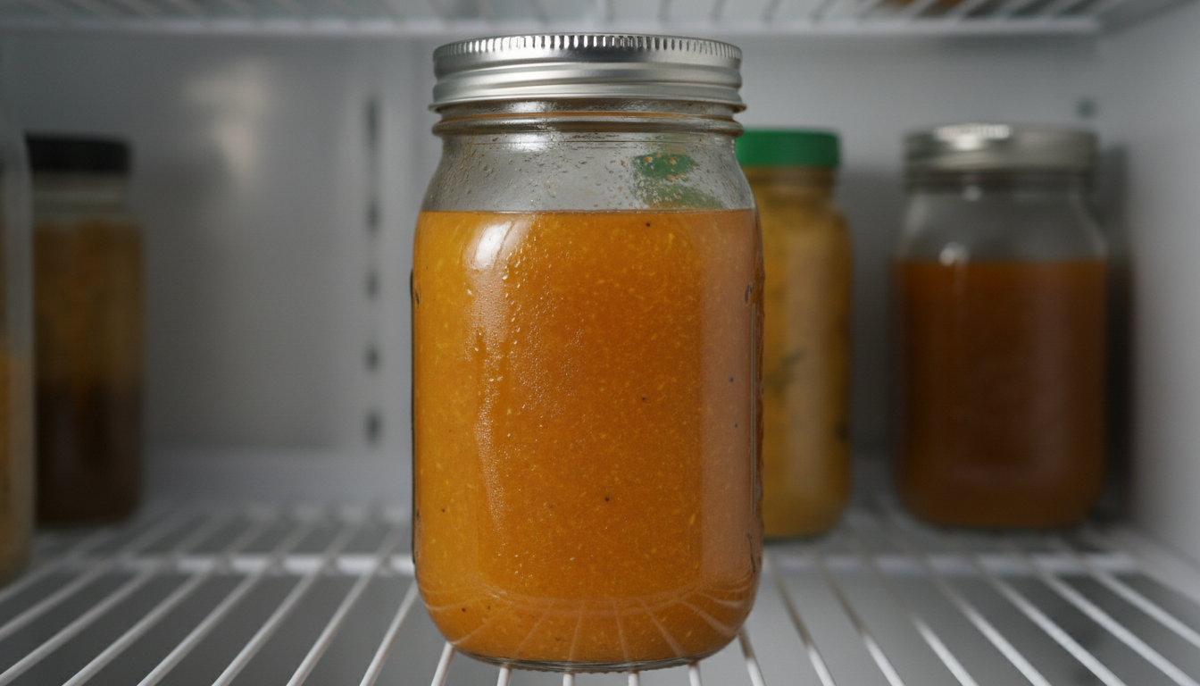 Sauce stockée dans un bocal en verre au réfrigérateur