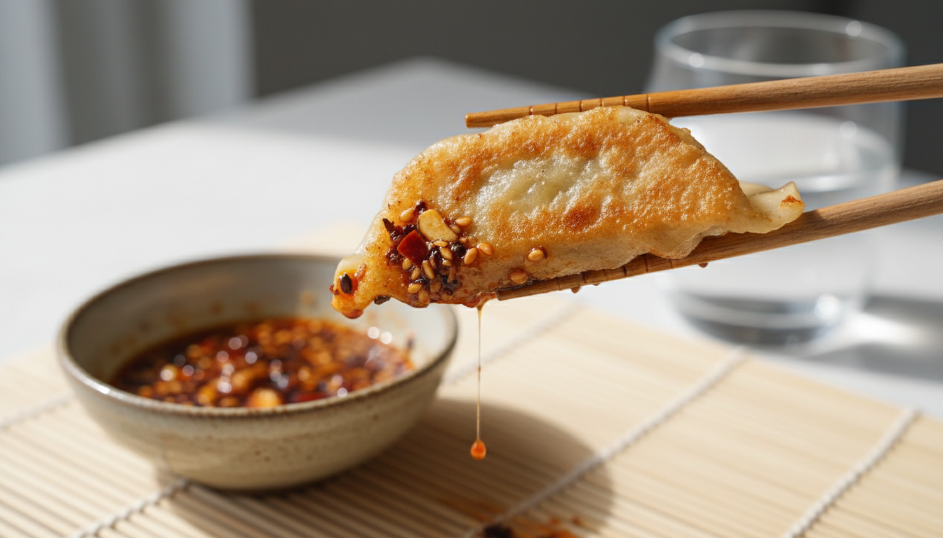 Picking up a smashed gyoza with chopsticks